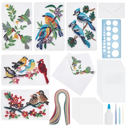 WEBEEDY 20 Set Papier Quilling Kit Für Erwachsene Anfänger DIY 5 Stile Vögel Quilling Karten Kit Tiere Grußkarten Bastelset Mit Anleitung Halloween Weihnachts Party Geschenke