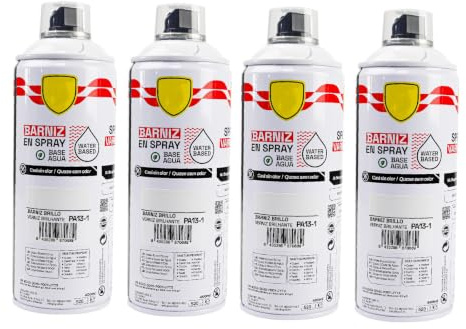 various Barniz en spray base agua 400 ml Brillo, 4 uds | Para renovar muebles y madera; barniz transparente base agua con acabado brillo para interior o exterior.
