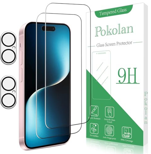Pokolan 2+2 Pack Screen Protector for iPhone 16 Tempered Glass, With Camera Lens Protector, 9H Hardness, No Bubbles, Anti-Scratch, Ultra Resistant
