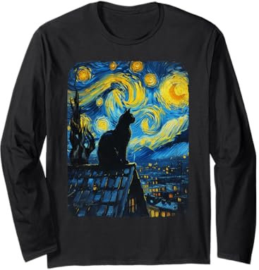 Cat Gifts for Cat Mom Dad Womens Starry Night Van Gogh Cat Long Sleeve T-Shirt