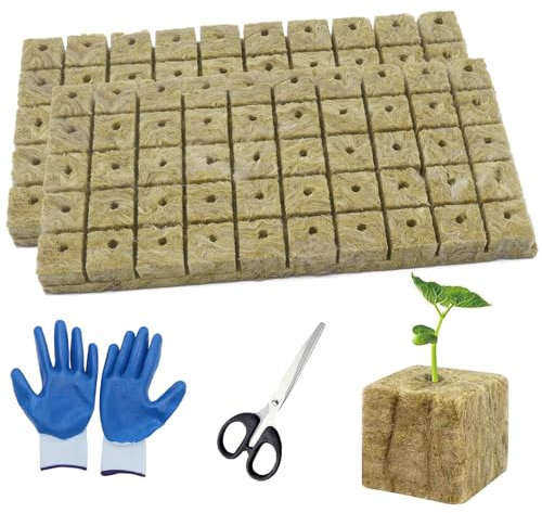 WANYIG Steinwolle Anzucht, Steinwolle Dämmung, Steinwolle Würfel Anzuchtmatte Steinwolle mit Schere ＆Handschuhe fur Stecklingen, Bodenloser Anbau, Hydrokultur Umpflanzen (2.5 x 2.5 x 2.5cm) (100 STK)