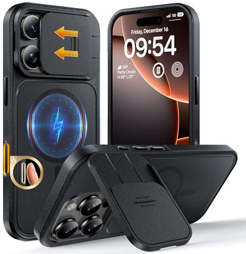 TOCOL für iPhone 16 Pro Hülle für Magsafe mit Ständer, mit verschiebbarem Kameraschutz, Stoßfest Kratzfest schwere Magnetisch Handyhülle für iPhone 16 Pro Case, Schwarz