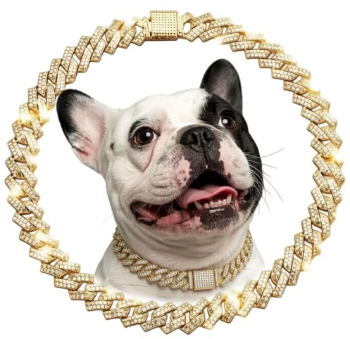 Gold Hundekette, Diamant Cuba Link Hundehalsband Metall Hundekette Katzenketten Haustier Kristall Halsbänder Schmuck für Kleine Mittlere Große Hunde Katzen, 12 Zoll