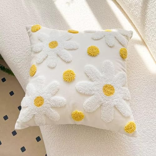 Generisch Nordic Fresh Embroidered Cushion Cover – Elegant Floral Throw Pillow Case for Sofa, Couch & Home Décor – Soft Cotton Linen Look – 45x45 cm (Wolken Weiß)
