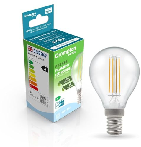 Crompton Lamps LED Ultra-Efficient Golfball 2.2W SES-E14 A-Class (40W Equivalent) 3000K Warm White Clear 470lm SES Small Screw E14 A-Rated Light Bulb