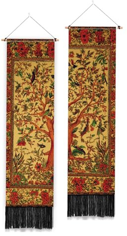 PLIGREAT 2 paquet de Tapisserie Murale Folklorique Vintage Tenture Murale Arbre de Vie Rouge avec Pompons Tapisserie Murale Verticale Rétro pour Chambre à Coucher Salon Décoration