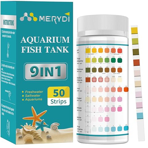 9-Way Aquarium Test Strips,50 Strips Aquarium Test Kit for Fish Tanks & Ponds, Quick & Accurate Water Testing Iron Copper Sodium Chlorine Nitrate Nitrite Total Alkalinity Hardness Free Chlorine pH