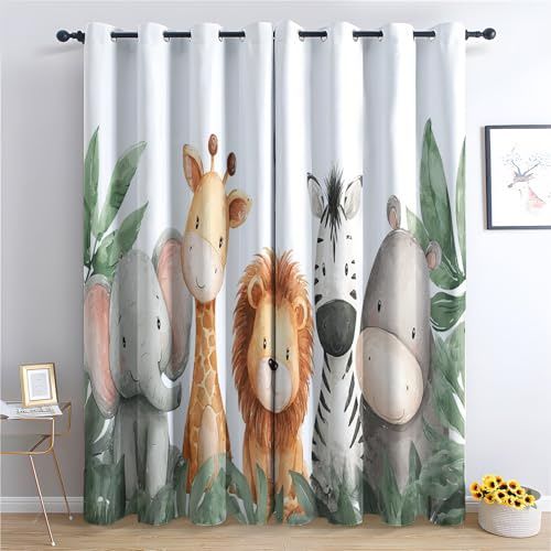 Venivici Safari Tier Vorhänge Wohnzimmer Schlafzimmer - Kinder Dschungel Tiere Vorhang 160 cm Lang Blickdicht, Gardinen mit ösen, Verdunklungsvorhänge Kinderzimmer, Thermovorhang 2er Set