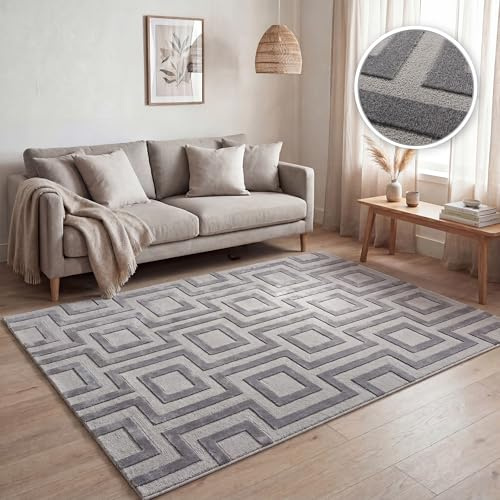 Paco Home Kurzflor Teppich Wohnzimmer, Moderne geometrisch abstrakte Muster, 3D-Effekt, Klassisch Skandi Stil, Unicolor einfarbig grau, Grösse:230x320 cm