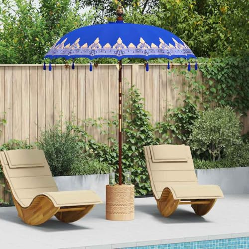 Parasol balinais Bleu en Coton 215 x 215 x 260 cm avec Canopy Rond, Poteau en Bois Massif sculpté, Nervures en Bambou, ombrage extérieur pour terrasse et Jardin, Ambiance Tropicale élégante