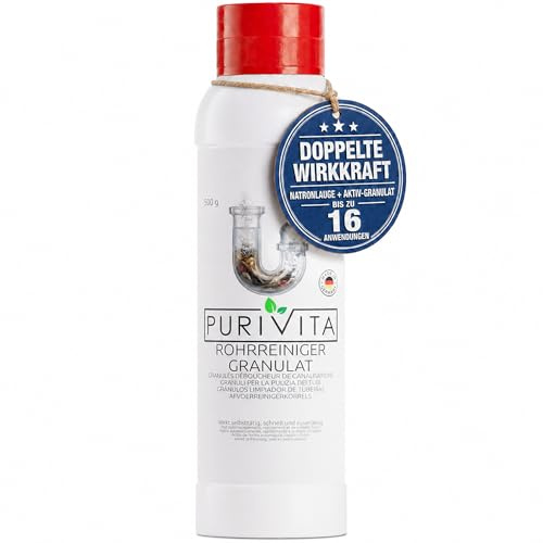 PURIVITA® Rohrreiniger Granulat Abflussreiniger Extra Stark, 500 g | Rohrfrei gegen Haare, Fett & Verstopfung – für Küche, Bad, Dusche & WC, Drain Cleaner Abflussfrei mit 2-in-1 Geruchsstopp