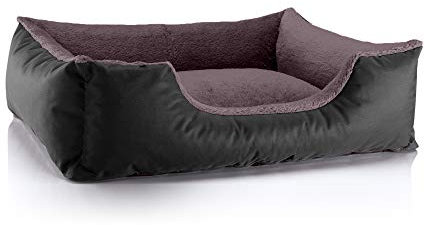 BedDog Hundebett Teddy, Hundesofa aus Cordura und Microfaser-Velours, waschbares Hundebett mit Rand, Hundekissen Vier-eckig, für drinnen, draußen, Größe L, schwarz-braun