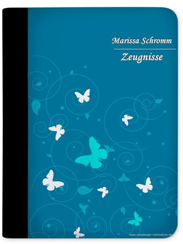 CreaDesign Customize A4 Zeugnismappe für Kinder - 26.7 x 32.7 x 1 cm, erweiterbar auf bis zu 20 Fächer, Sichtbuch ohne Klarsichthüllen, Blau Schmetterling Design, Dokumentenmappe für Schüler