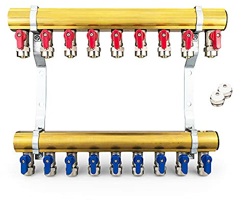 Messing Heizkreisverteiler 9 Heizkreise Set mit 18 x PEX Kugelhahn mit Klemmring 16mm x 1/2 AG & 2 x Entlüfter & 2 x Blindstopfen 1 Zoll | Systemverteiler Zentralheizung 2-12 Fach Verteiler Heizung