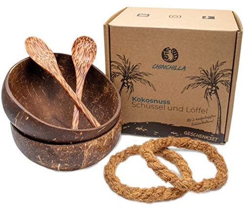 Chinchilla® 2er Set Kokosnuss Schalen + Holzlöffel + Halterung | Schüssel für Buddha Bowl, Acai Bowls & Poke Bowl | Natürliche Schalen aus Kokosnuss | Coconut Bowls | Zero Waste