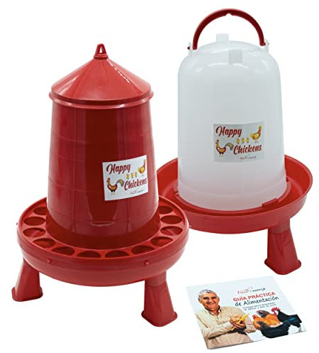 FINCA CASAREJO Pack Comedero y Bebedero con Patas para Gallinas y otras aves - Comedero y Bebedero Happy Chickens 16 kg y 10 L - Plástico resistente - Incluye Guía Práctica de Alimentación de Gallinas