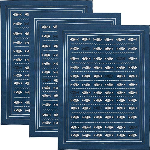 Erwin Müller Geschirrtuch, Küchentuch, Trockentuch im 3er-Pack mit Druckmotiv Fische Fische blau Größe 50x70 cm - strapazierfähig, saugstark, 100% Baumwolle