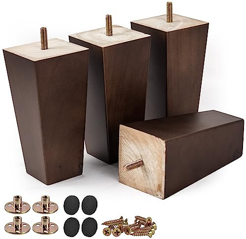 Btowin 4 inch / 10cm Solid Wood Furniture Legs,4Pcs Mid-Century Modern Wooden Pyramid Replacement Feet Sofa legs with Threaded M8 Hanger Bolts & Mounting Plate & Screws for Sofa Couch Chair