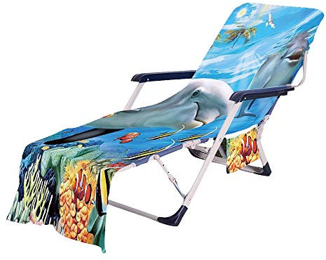 FANSU Schonbezug für Gartenliege Frottee Liegenauflage Garten Sonnenliege Handtuch mit 2 Taschen Stuhl Strandtuch für Schwimmbäder, Strände, Gartenhotels (Delfin,75x210cm)