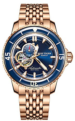 REEF TIGER Mechanische Taucheruhren für Herren, Rotgold, leuchtend, RGA3039, Rga3039-plpn, Armband