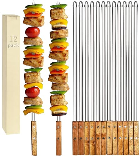 Vokop 12 Pack Kebab Skewers 22 Inch Stainless Steel Grilling BBQ Skewer Reusable Barbecue Skewers Flat Stick with Wood Handle,Ideal for Koubideh Brazilian Chicken Shrimp Turkish Shish Kabob