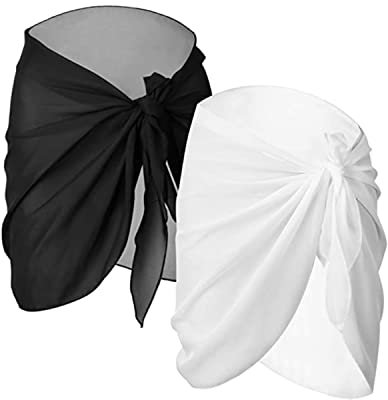 Pareo Playa para Mujer, 2 Piezas Pareo de Playa de Mujeres Cubiertas Sarong Falda de Gasa de Bañador Corto Falda Pareo Bikini Cubierta Sarong para Playa Piscina Vacaciones Ropa de Baño Blanco y Negro