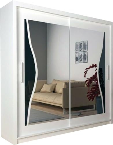 Modern Double Sliding Door Wardrobe 2 Mirrored Hanging Rails & Shelves Storage Cabinet for Bedroom (120cm, Batumi White)