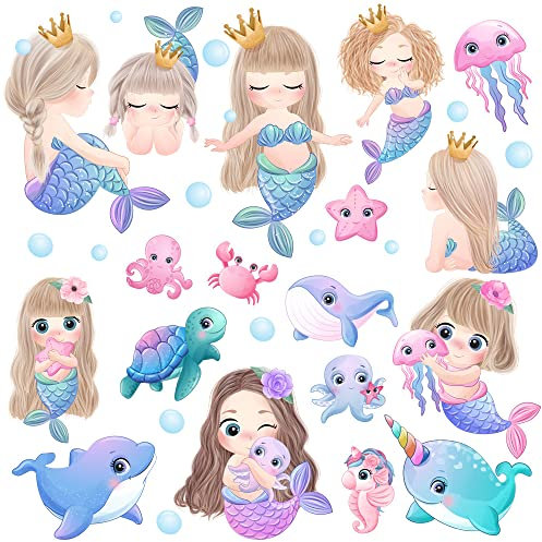Pinenjoy Niedliche Meerjungfrau-Prinzessin-Wandaufkleber, Cartoon-Meeresleben mit kl, Wandaufkleber für Kinderzimmer Jugendzimmer, 106,7 x 106,7 cm, abnehmbar, selbstklebend, Vinyl, Türdekoration