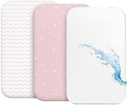 2X Spannbettlaken aus 100% Baumwolle mit Gummiband - 1X Matratzenschoner aus 100% wasserdichtem Material - 3er-Set - 55x90cm - Rosa