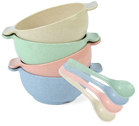 Jeslon Müslischalen mit Löffel, Satz von 4 Unzerbrechlich Eco-Friendly Suppe Reis Müsli Pasta Salat Schüssel, 16oz Lightweight Kids Frühstück Schalen Mikrowelle & Geschirrspüler Safe