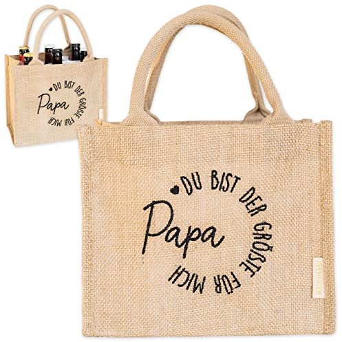 Papierdrachen Jutetasche mit toller Bestickung Papa- Du bist der Größte für uns zum Vatertag - mit herausnehmbarer Facheinteilung für 6 Flaschen mit Klett-Verschluß - in Grösse 25x15x21cm