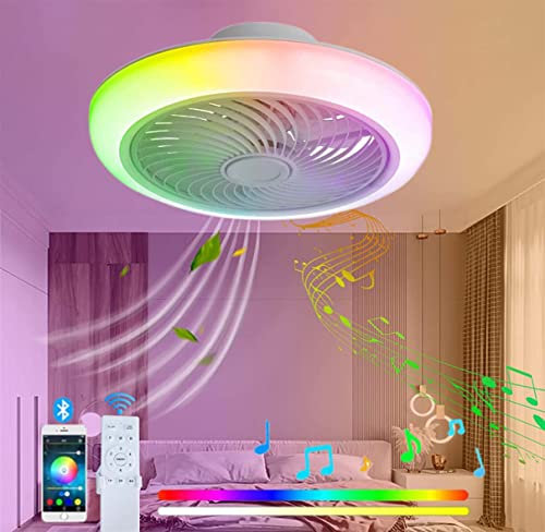 YUNZI LED RGB Bluetooth Bladeless Ceiling Fan Light with Speakers, Low Profile Colorful Ceiling Fan With The Change of Music Rhythm Summer & Winter Reversible-B