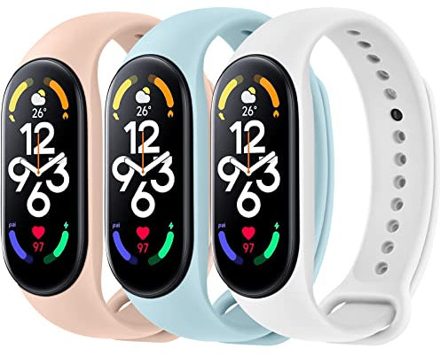 Vancle 3 Stück Armband für Xiaomi Mi Band 7, Weiches Silikon Sport Wasserdicht Ersatzarmband für Xiaomi Mi Band 7 Damen Herren (Weiß/Rosa/Himmelblau)