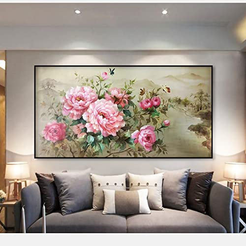 RGVV Handgemalte Acrylbilder Abstrakt,Orientalisches Handgemaltes Ölgemälde Auf Leinwand Pfingstrosenblume Originalwandmalerei Moderne Große Wandkunst Rahmenlose Strukturierte Kunstwerke Für Wohnzimm