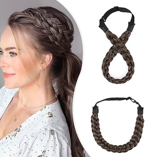 Elailite Haarband Geflochten Haargummi mit Haare Damen Haarteile Dutt Braids Extensions Stirnband Breit 2.5cm/M Zopf Haarreif Verstellbare Kopfband Haarschmuck 30g Eschenbraun/Kastanienbraun