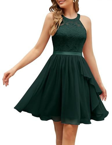 Wedtrend Robes de demoiselles d'honneur pour femmes, Robe de cocktail sans manches à col licou avec volants coupe trapèze courte robe de bal 2026, vert foncé, Taille S