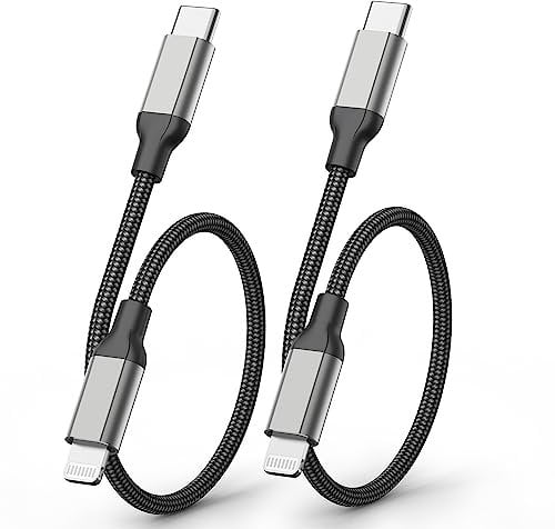 Câble USB C vers Lightning [30 cm, 2 pièces], certifié Apple MFi, câble de charge court en nylon tressé pour iPhone 14, 13, 12, 11, Mini Pro Max X XS XR 8, 7, 6 Plus SE iPad, noir