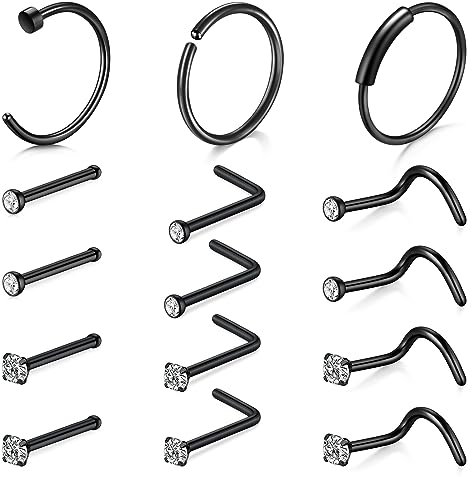 Mayhoop 22G Nasenring Bolzen Schraube Set dünn 0,6mm Chirurgenstahl CZ Nasenloch Piercing Schmuck Schwarz Unisex Geschenk für Frauen Männer