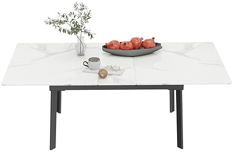 FATIVO Küchentisch ausziehbar Esstisch Marmor Weiß, Ausziehtisch Esszimmer 150-180 cm für 6-8 Personen Wohnzimmer Esstisch Weiß Hochglanz Tische für Esszimmer mit Schwarze Metallgestell 180x85x79CM