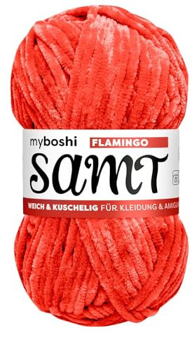 myboshi Samt Wolle zum Häkeln und Stricken, weiche Chenille Wolle im XXL-Knäuel, perfekt für Amigurumi und Kissen, 100% flauschige Polyester, 100g, Ll 100m Orange (Flamingo) 1 Knäuel