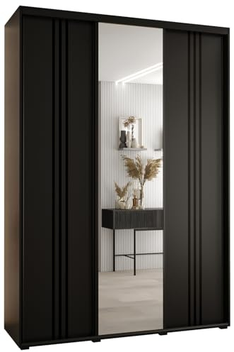 MEBLE KRYSPOL Davos 7 180 Schlafzimmerschrank mit DREI Schiebetüren - Moderner Aufbewahrungsschrank mit Spiegel, Kleiderstange und Regalen - 235,2x180x60 cm - Schwarz Schwarz Schwarz
