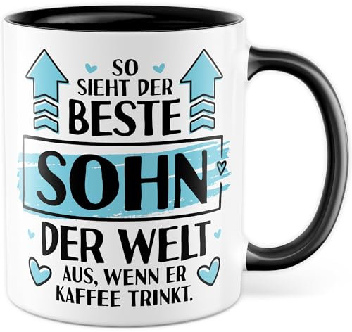 Sohn Tasse mit Spruch - Geschenk So sieht der beste Sohn der Welt aus, wenn er Kaffee trinkt - Kaffeetasse 330ml aus Keramik - Junge Stiefsohn Kinder Familie Kaffee-Becher