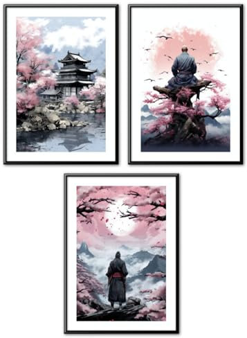 MJ-Graphics | Poster Set Japan Samurai Bushido Wohnzimmer & Schlafzimmer | 3x Din A3 300g Qualitätsdruck | Meditation Zen | Blau-Rosa Wanddeko ohne Rahmen