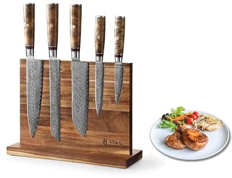 Wakoli Culinary Sycamore I 6-teiliges Damast Küchemesser-Set mit 5 Damastmessern & magnetischem Messerblock I Klingen von 9-20 cm aus Damaststahl mit Griffen aus Bergahorn I Damastmesser-Set