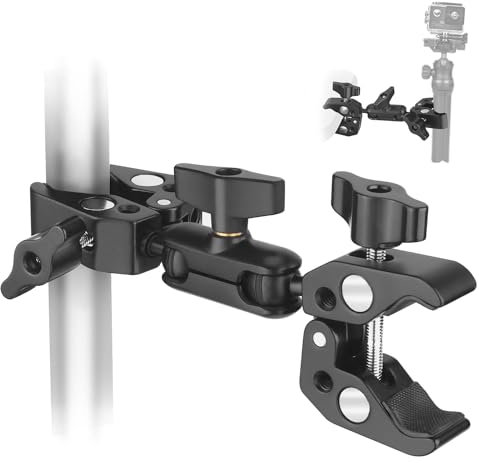 Double Clamp Mount Bracket with 360° Ballhead Magic Arm, Umbrella Holder Clamp Pole Clamps Brackets, Super Clamp Camera Clamp Mount for Umbrella, Tripod Clamp Mount for Cross Bar, Desktop, Light Stand