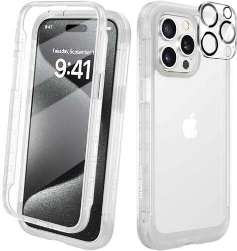 Diaclara for iPhone 15 Pro Case, Full Body Rugged Case with Built-in Touch Sensitive Anti-Scratch Screen Protector + Glass Camera Lens Protector for iPhone 15 Pro 6.1 (Frosted Clear)