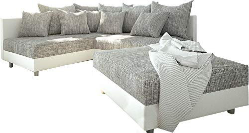DELIFE Eckcouch Clovis Weiss Hellgrau mit Hocker Ottomane Links Ecksofa modular