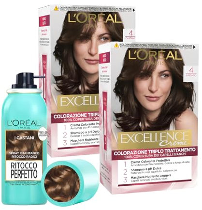 L'Oréal Paris Kit Colore e Ritocco Castani, Include 2x Colorazione Triplo Trattamento Excellence Castano (4) e Ritocco Perfetto I Castani, 100% Copertura dei Capelli Bianchi