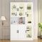 Merax Vitrine mit LED-Lichtern, Modern Standvitrine mit 4 Glastür und 1 Schließfach, Glasvitrine Highboard mit viel Stauraum, Aufbewahrungsschrank Bücherschrank für Wohnzimmer Büro Esszimmer, Weiß