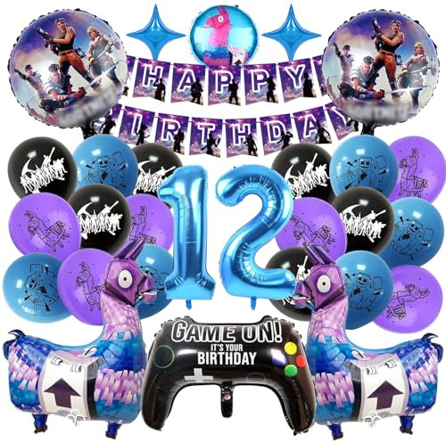 Ctxtqtdt 26 Stück Fort-nit Geburtstagsdeko 12 Jahre Junge, Fort-nit Luftballons Geburtstag Set, Kindergeburtstag Folienballon, Geburtstag Party Deko Ballons Set für Kinder (12)